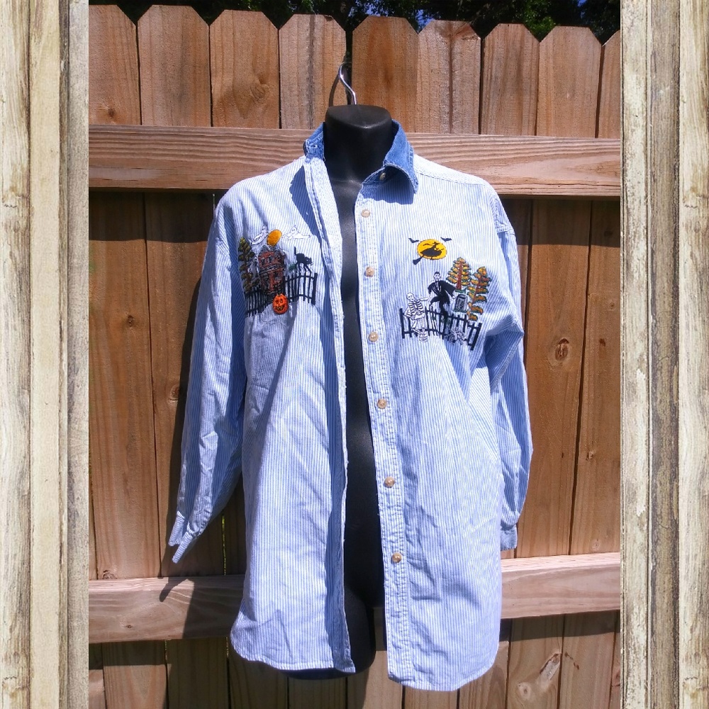 Unisex Spooky Scary Embroidered Button Up